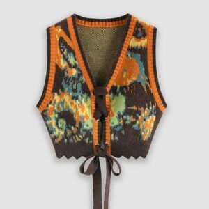 Cider Colorful Abstract Warm Knit Sweater Vest Top Tie Closure Contrast Detail M